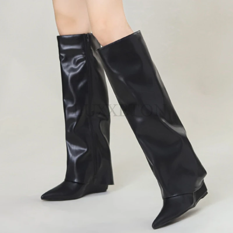 Autumn and Winter New European and N Niche Trouser Boots Pointy Black But Lacquered Boots Female High-heeled Knight Boots