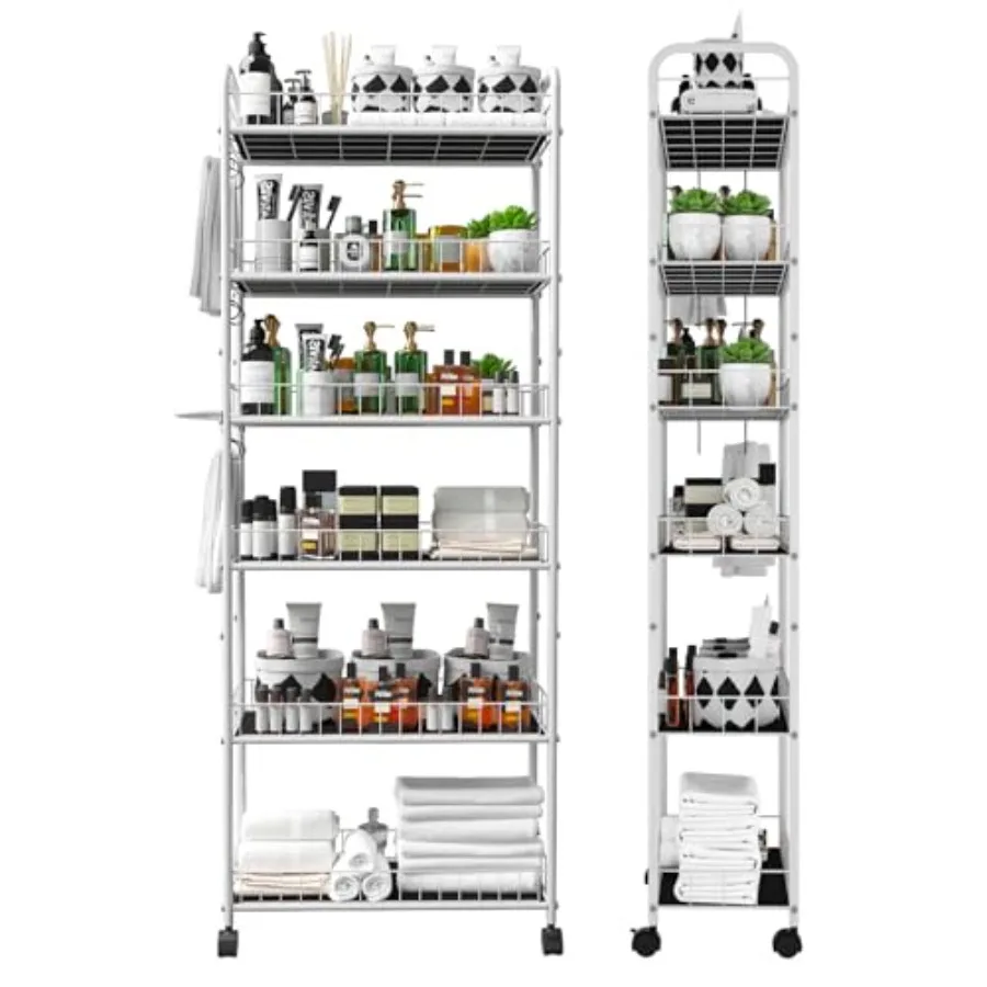 6 Tier Slim Rolling Storage Cart Mobile Shelving Unit with Wheels Metal Wire Storage Rack with Baskets for Kitchen Bathroom Off