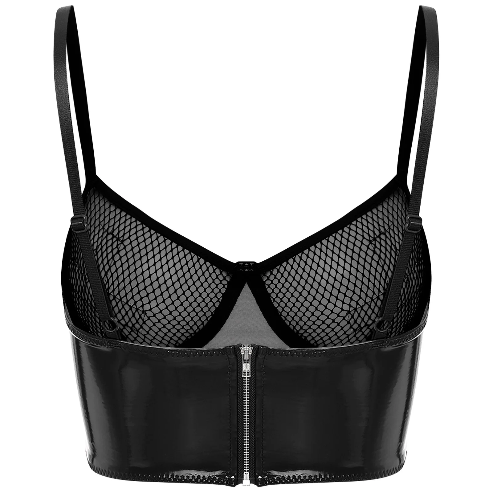 Womens Sexy Wetlook Leather Bra Tops Glossy See Through Mesh Push Up Underwire Lingerie Adjustable Bustier Nightclub Underwear