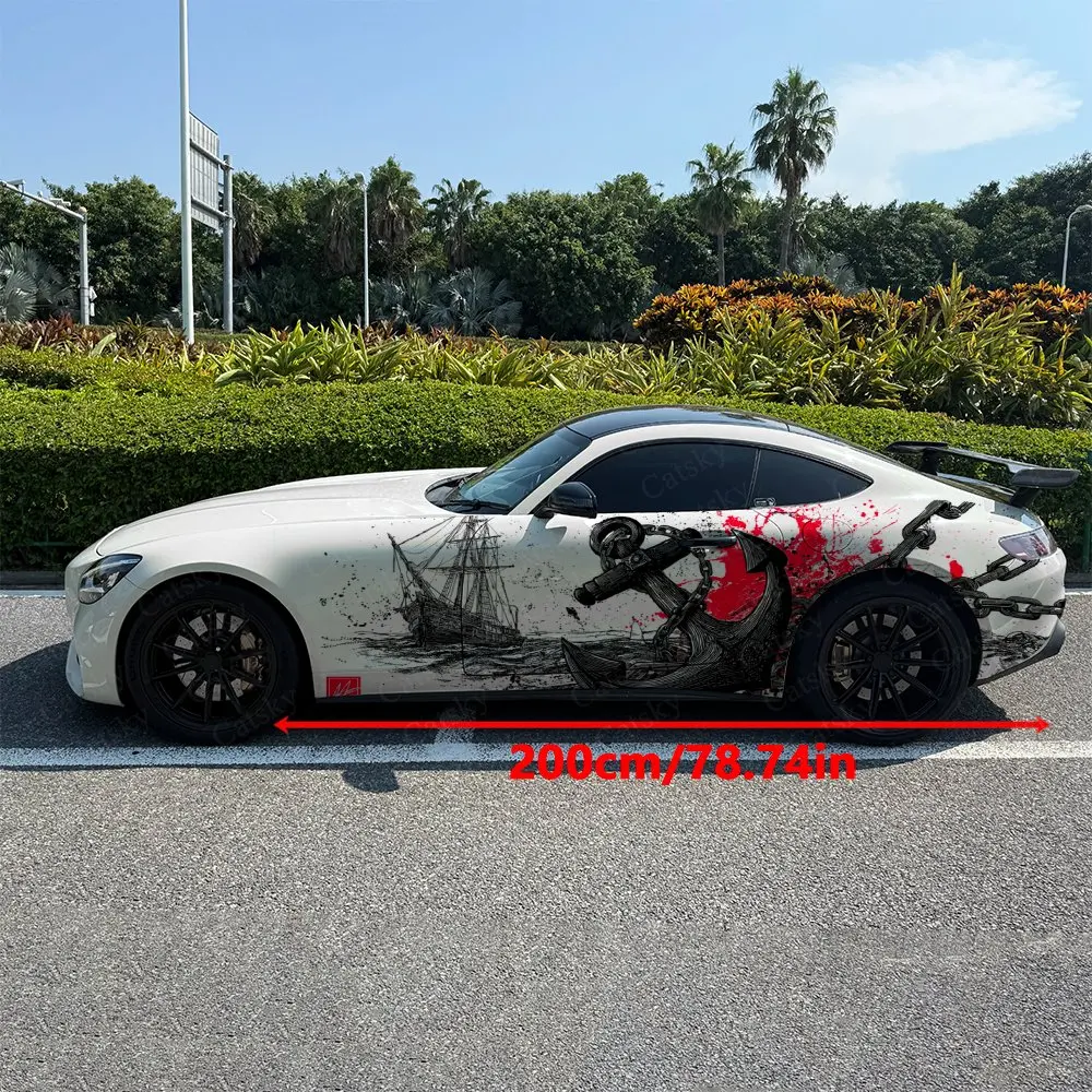 2pcs Red Splatter & Old Ship Anchor Car Side Wrap, Self-Adhesive PVC Waterproof & Scratch-Resistant Stickers, Car Accessory Gift