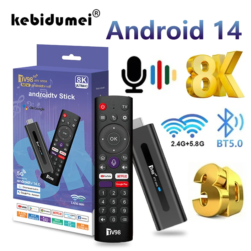 TV98 ATV Android 14 8K Smart TV Stick 2.4G 5G Dual WiFi BT 5.0 Set Top Box HDR10 Voice remote TV Box Allwinner H313 Media Player