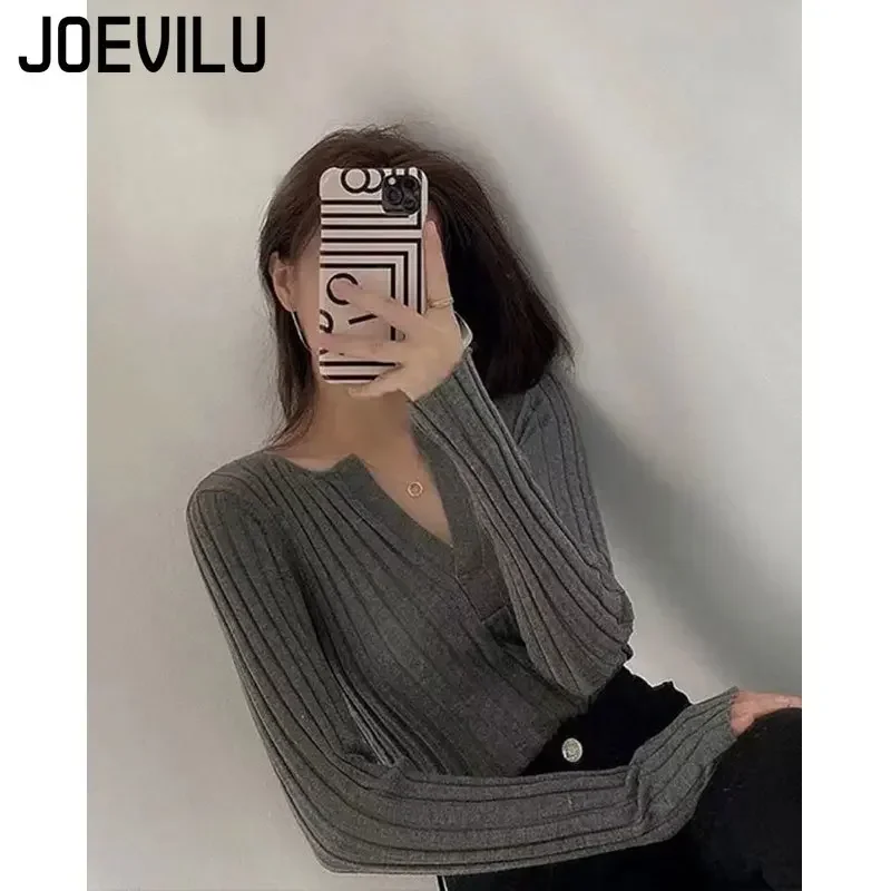 JOEVILU Knitted Sweater V-neck Bottom Top Women\'s Thin Outfit Pullover Korean Fashion Y2k Clothes Babes Goth Black Skinny Jumper