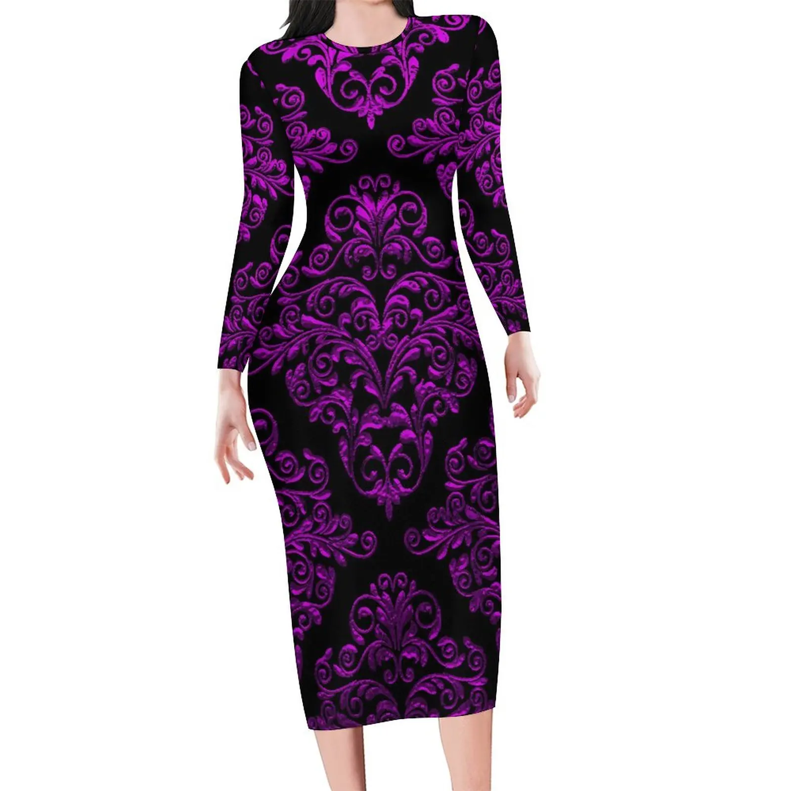 Elegant Damask Dress Long Sleeve Black Purple Cute Dresses Summer Female Aesthetic Custom Bodycon Dress Large Size