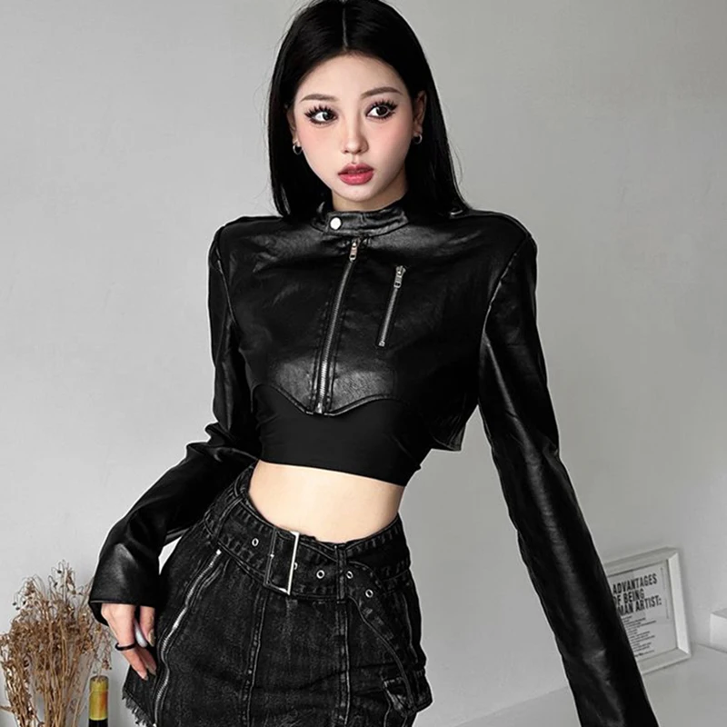 Black Pu Leather Jacket Women Sexy Cropped Harajuku Y2K Biker Riding Suit Tops Slim High Street Racing Zipper Chic Coat