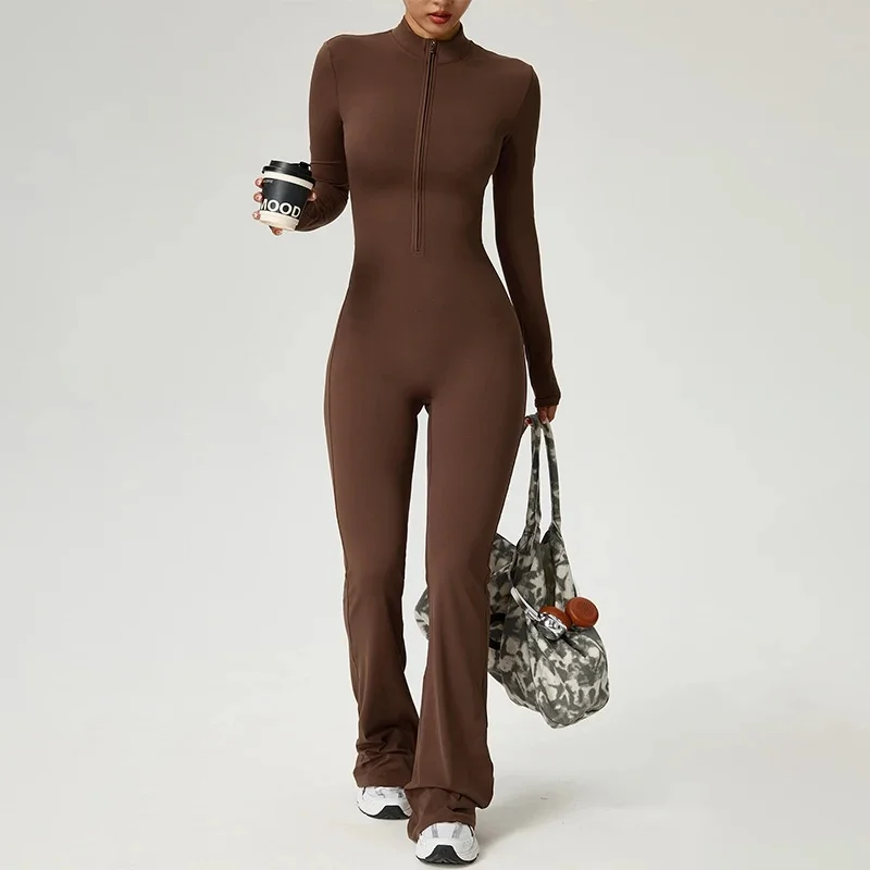 TRY TO BN Women's Fitness Jumpsuit Long Sleeve Zipper High Strength Yoga Bodysuit For Gym Workout Sportswear One Piece Clothing