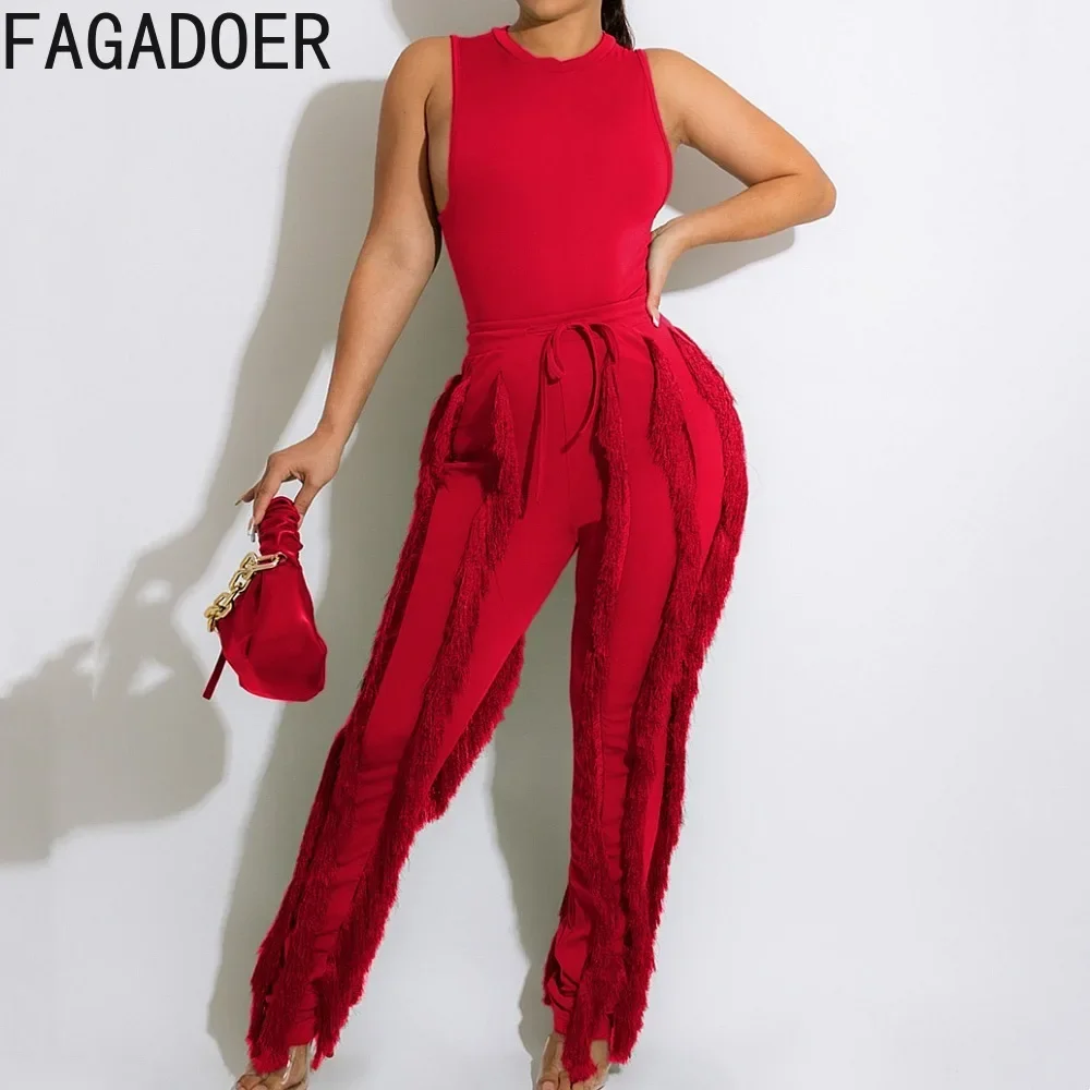 

FAGADOER Women's 2 Piece Outfits Casual Solid Sleeveless Tank Tops And High Waist Tassels Pants Sets Sexy Female Ruffle Clothing