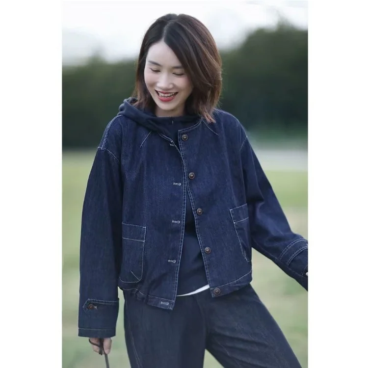 

Retro Hong Kong Sle ort Denim Jaet Women's Spring Autumn Casual Cool Casual Workwear Windbreaker Open Cardigan Outerwear