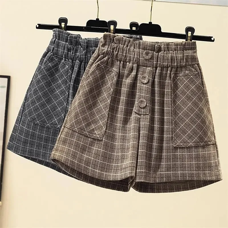 Korean Ladies Fashion Large Size 4XL Pocket Trousers Autumn Female High Waist Pantalons Women Plaid Wide Leg Woolen Short Pants