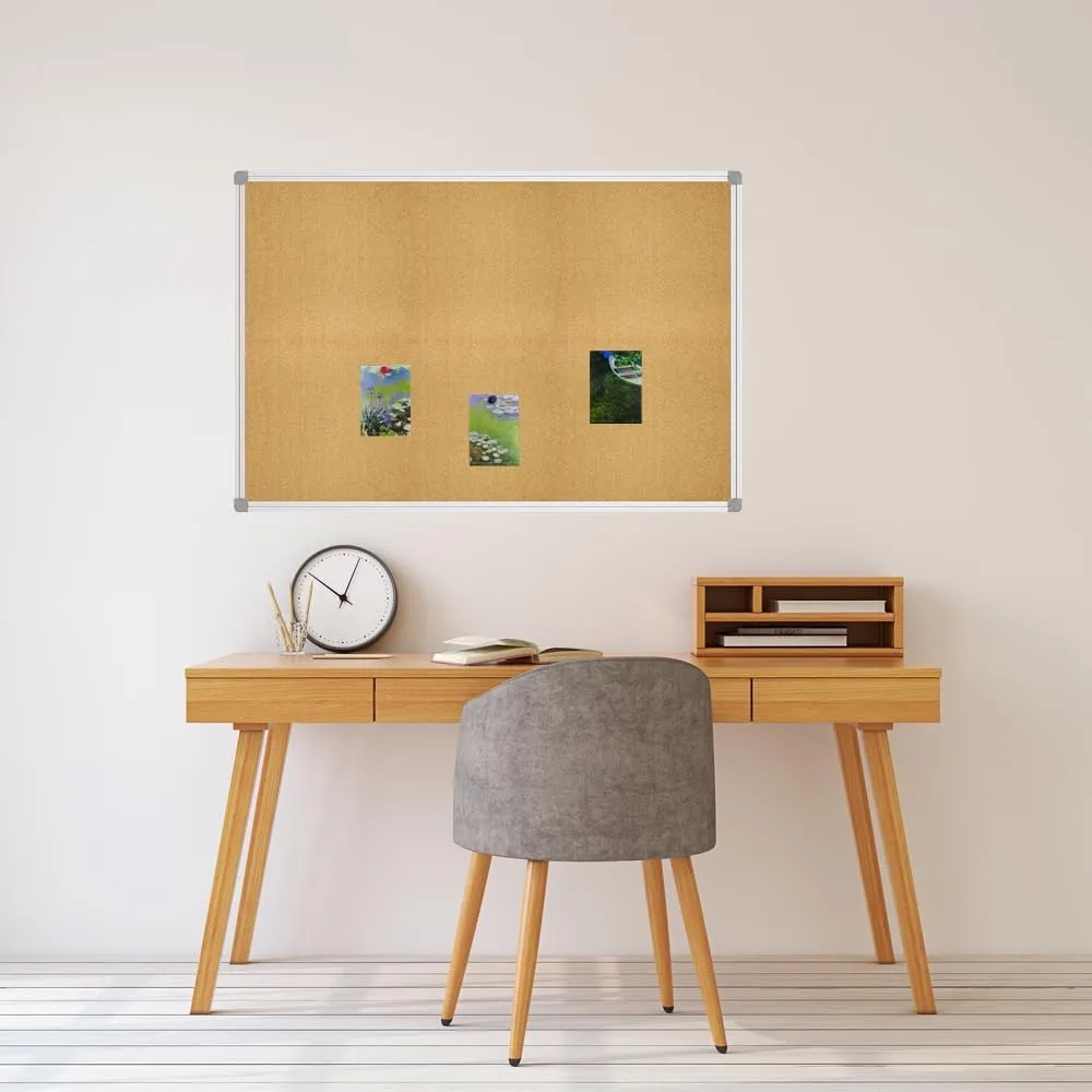 Bacheca in sughero bifacciale 36x24 pollici, cornice in alluminio montata a parete per presentazioni di messaggi per ufficio, casa, scuola