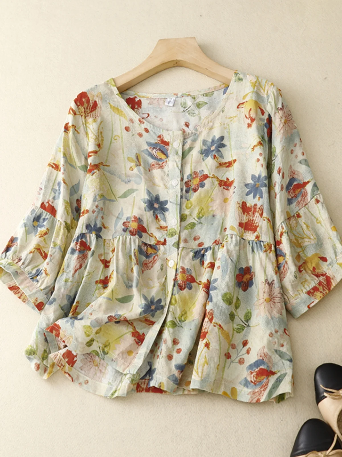 

Women's Loose Cotton Linen ort Sve irt Vintage Floral Print Lightweight Comfortable round Ne Button up Office Sle
