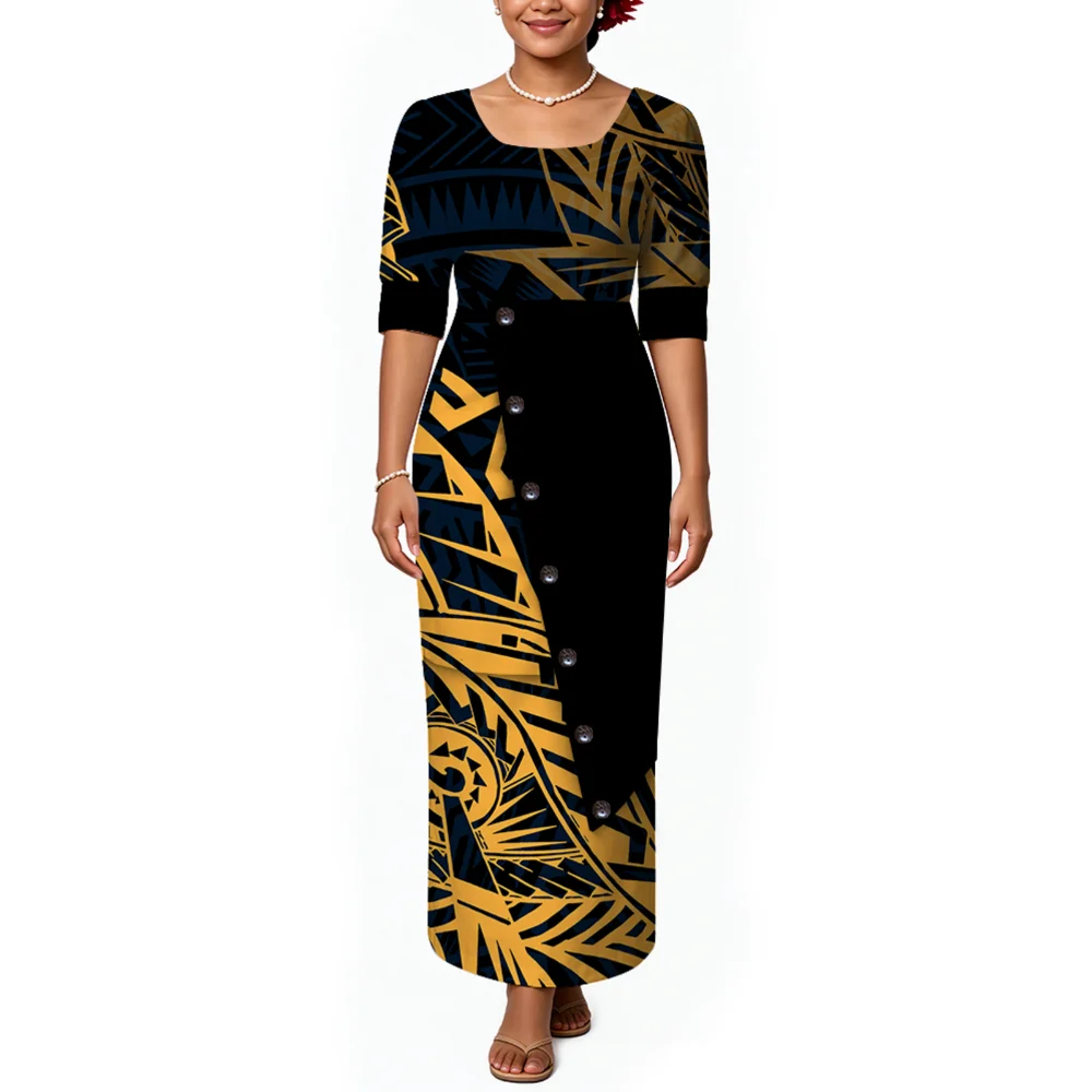 Samoa Tonga Art Design Women'S Long-Sleeved Dress With Sexy Round Neck, Long Skirt Body Hanger Opening Evening Gown