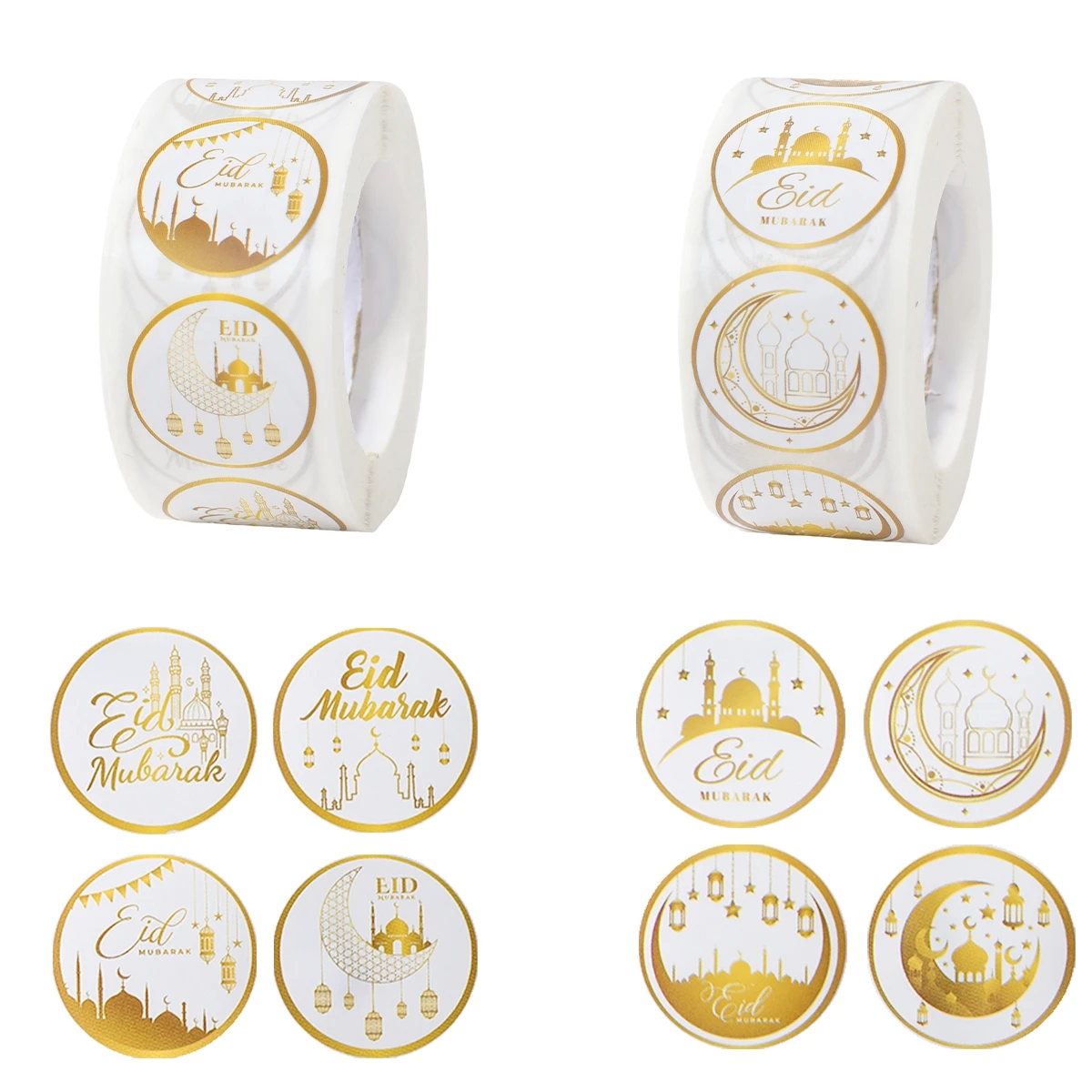 500PCS Eid Mubarak Roll Stickers Candy Bag Gift Box Labels 2025 Ramadan Kareem Decoration For Home Muslim Islamic Party Supplies