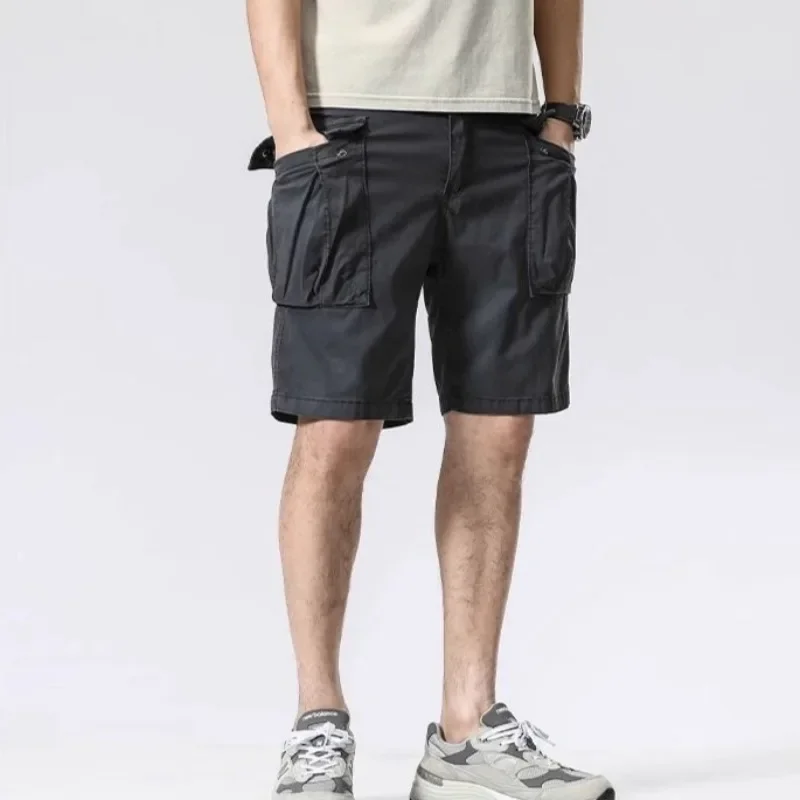 Elastic Waist Long Wide Solid Baggy Multi Pocket Loose Half with Draw String Male Short Pants Bermuda Men's Cargo Shorts Popular