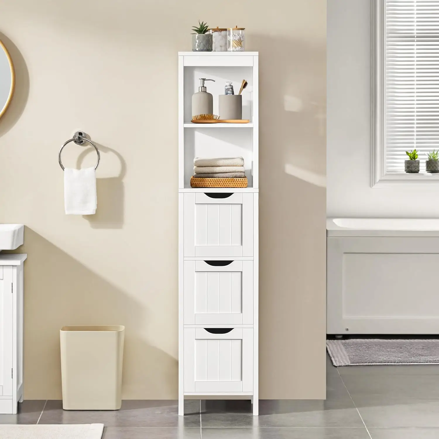 56" Tall Narrow Bathroom Storage Cabinet with 3 Drawers, White
