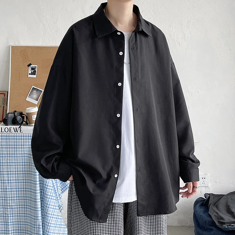 2023 Spring Simple Black Long Sleeve Shirts Men Korean Mens Harajuku White Oversized Shirt Male Button Up Shirts Blouses 5XL-M