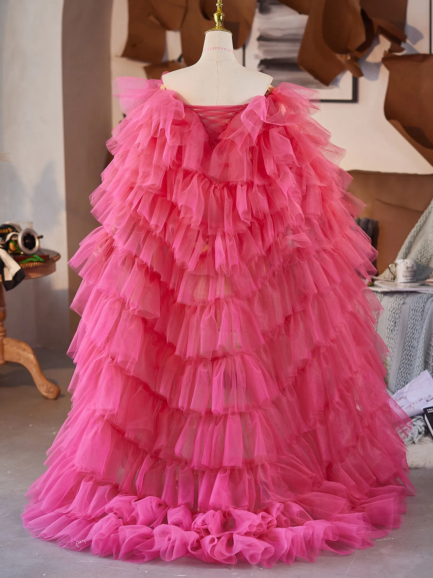 Orighinal Rose Pink Handmade DIY Evening Dress Accessories Multiple Layers Elegant Mesh Large Shawl Mopping Floor Fairy Tail