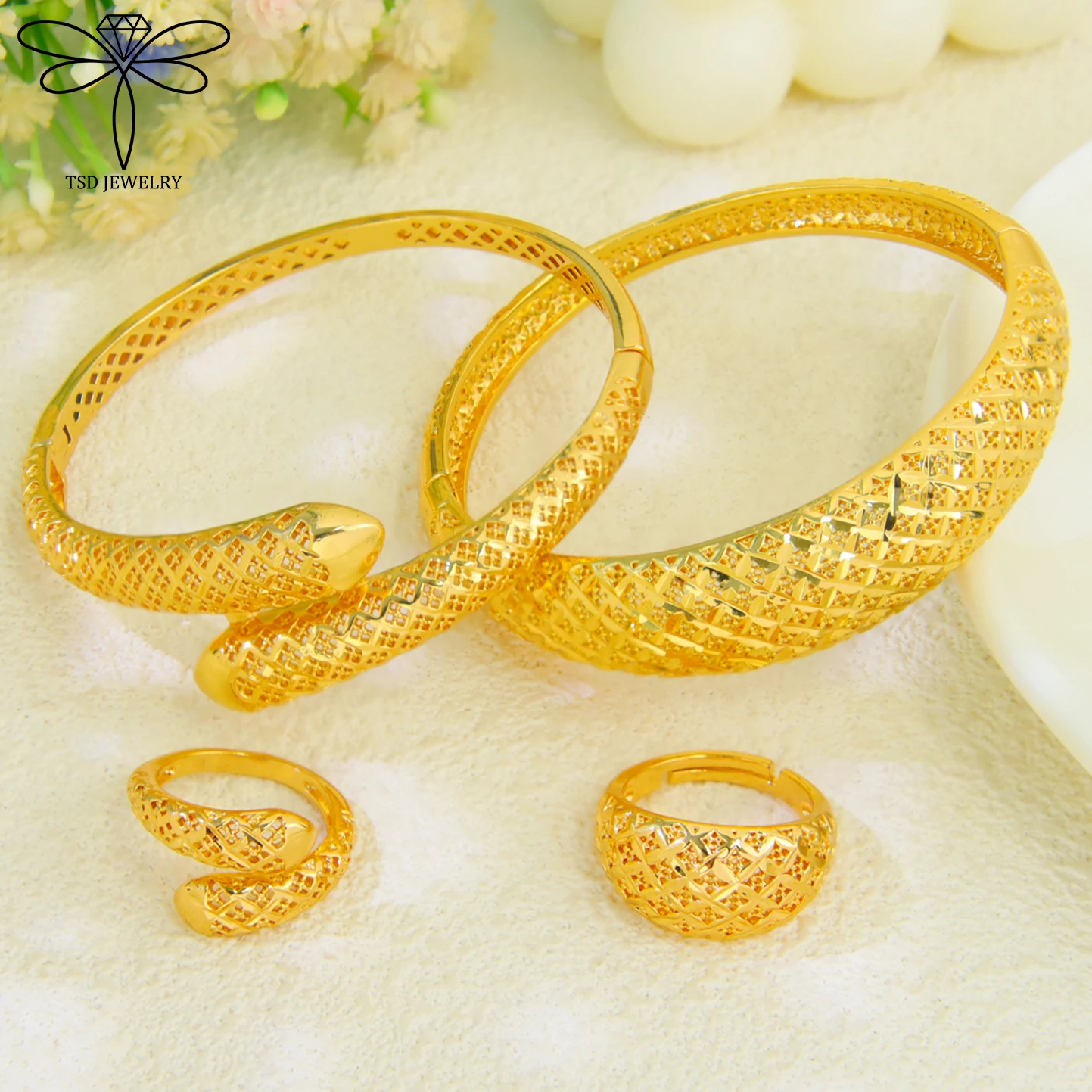 Arabischer Brautschmuck, 21k vergoldet, Habesha Mode, offene Armreifen, Ring-Set, Dubai, islamischer Damenschmuck für Veranstaltungen und Partys – Detail 5