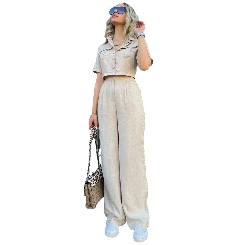 New Commuter Casual Women\'s Set Polo Collar Pocket Short Sleeve Crop Shirt Wide Leg Pants Minimalist Style Two Piece Sets