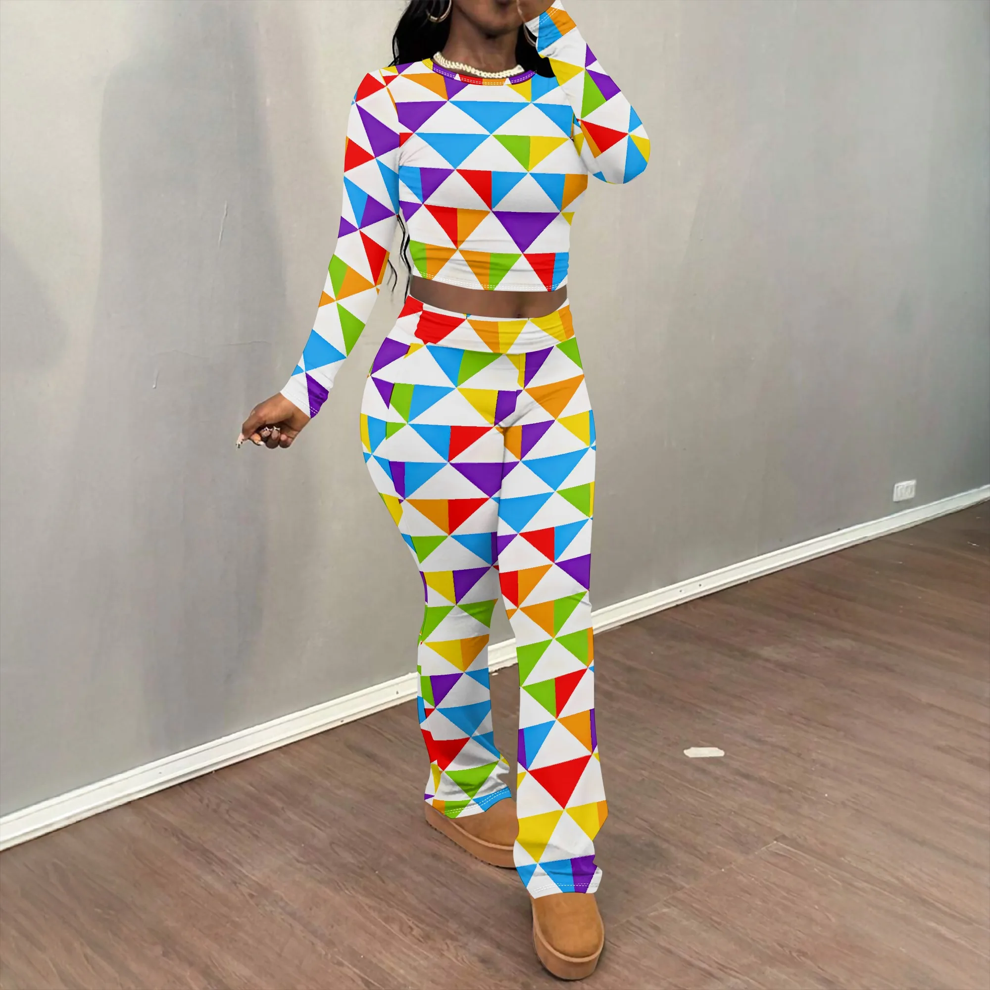 

Nupusa Colorful Triangle Print Two - Piece Set for Women Standard Size Summer Casual Crew Neck Long Sleeve Outfit
