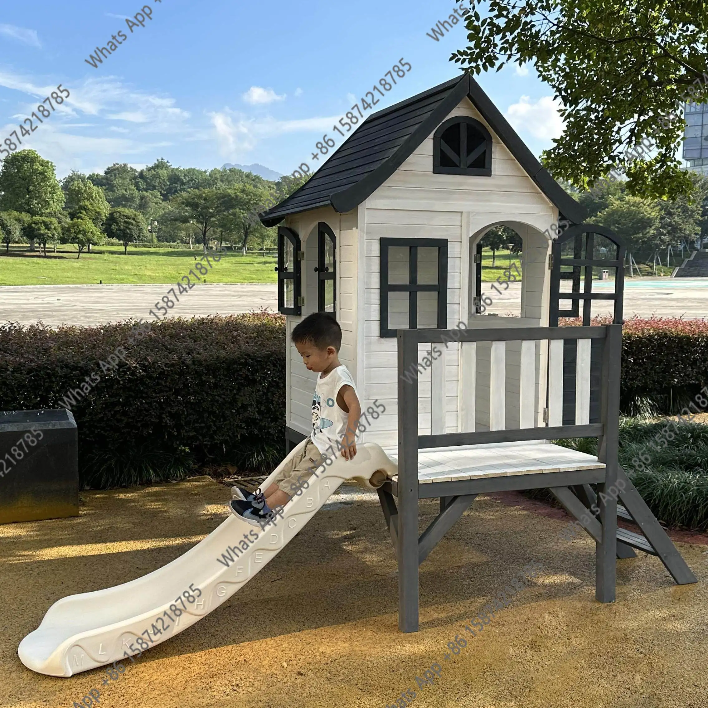 Outdoor large children's wooden house game room climbing tree house slide tent house pink amusement park
