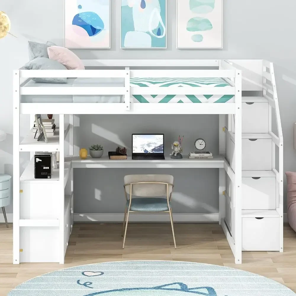 

White Wooden Full Loft Bed with Staircase, Desk, and Storage Shelves for Kids