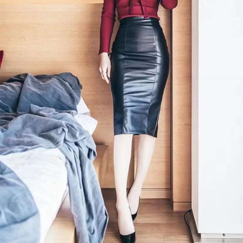 Women's High Waist Faux Leather Midi Pencil Skirts Black PU Slim Skirt Hem Split Custom Stretch Clubwear Party Fashion Skirts