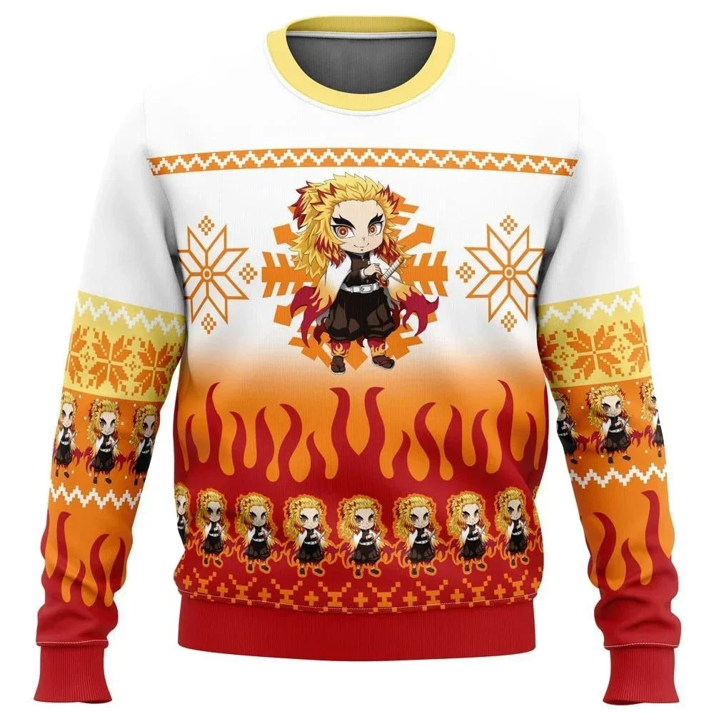 Men's 3D Santa Claus Pullover, Christmas Sweater, Top, Autumn and Winter Clothing, Fire, Rengoku, Demon Slayer, Gift