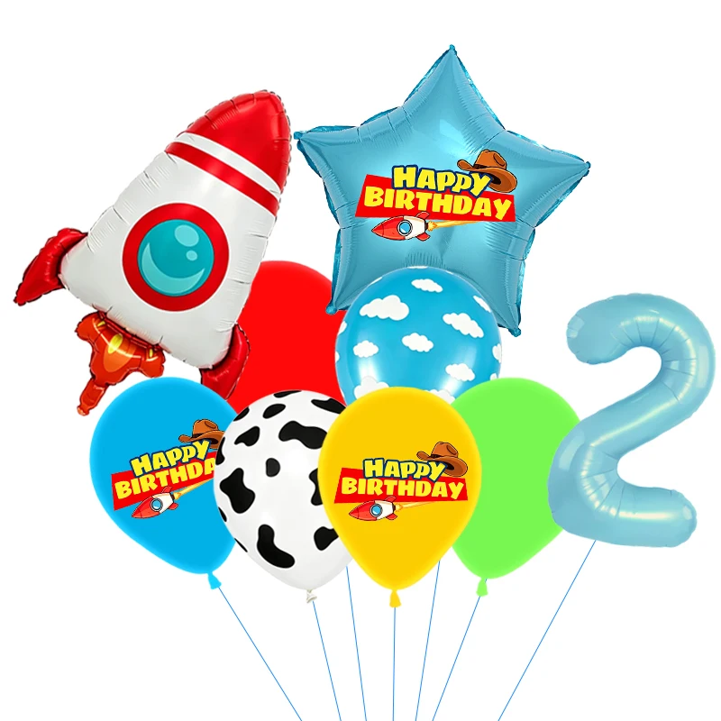Rote, gelbe und grüne Spielzeugballons, hellblaue Ballons mit Wolken- und Kuhmuster für die Dekorationen zu Babystory- und Cowboy-Partys – Detail 21