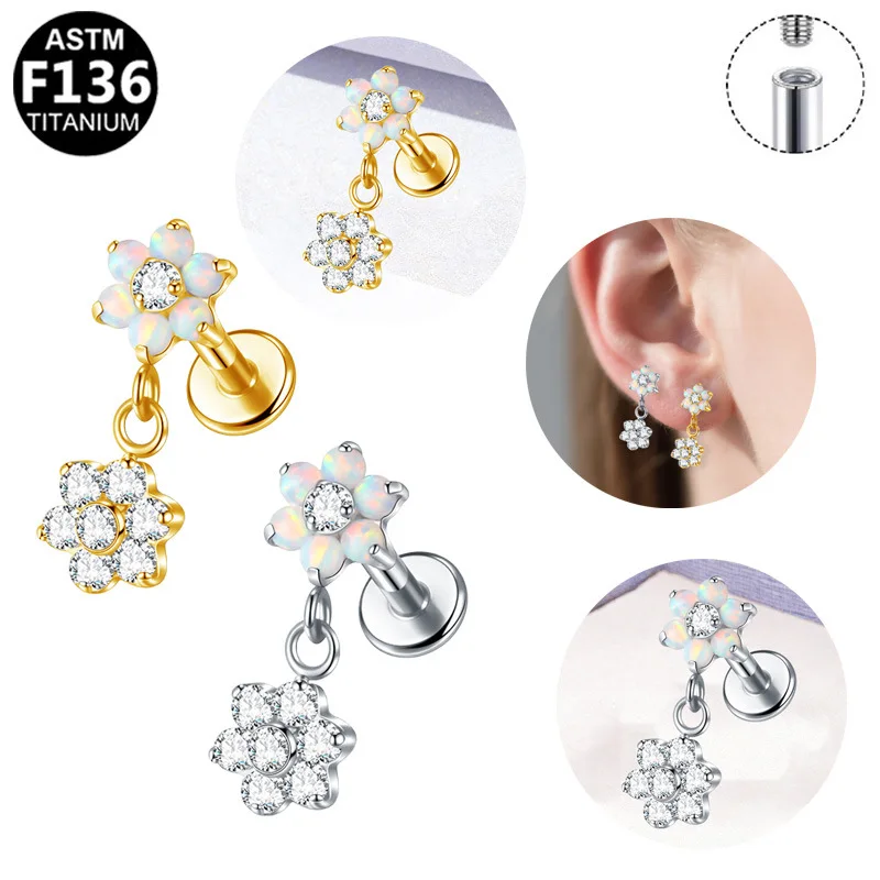 1PCS ASTM F136 G23 Titanium Flat Internally Threaded Lip Rings For Women Geometric Zircon Exquisite Earring Piercing Jewelry 16G