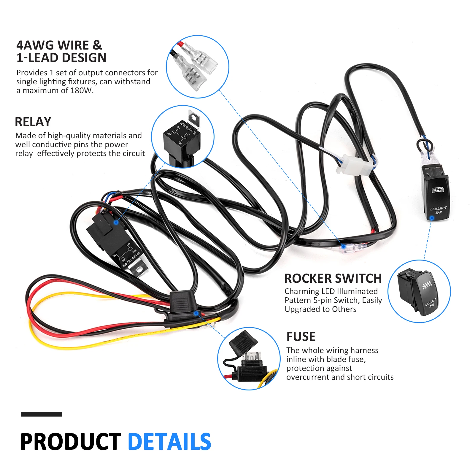 UTV Key on LED Light Bar Wiring Harness Kit with ACC Terminal Rocker Switch Relay Fuse for Polaris RZR Ranger General XP 1000