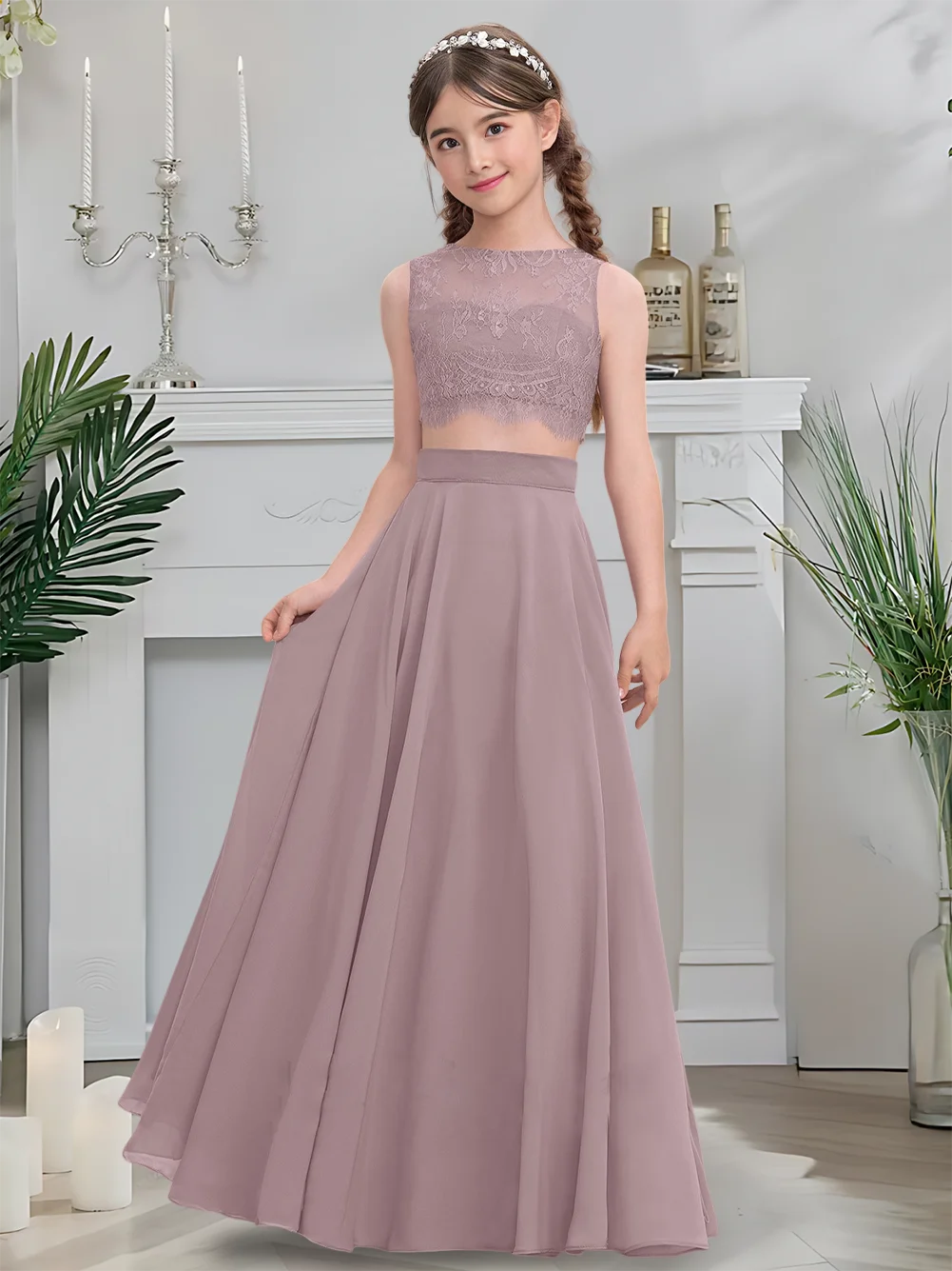 Elegante vestido de dama de honor junior de encaje de gasa hasta el suelo con escote redondo, sin mangas, 2 uds., vestido de niña de flores para bodas de verano