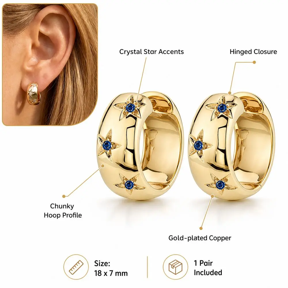 1Pair Crystal Embellished Chunky Hoop Earrings Star Accents Hinged Closure Crystal Hoop Earrings Chunky Profile Polished Finish