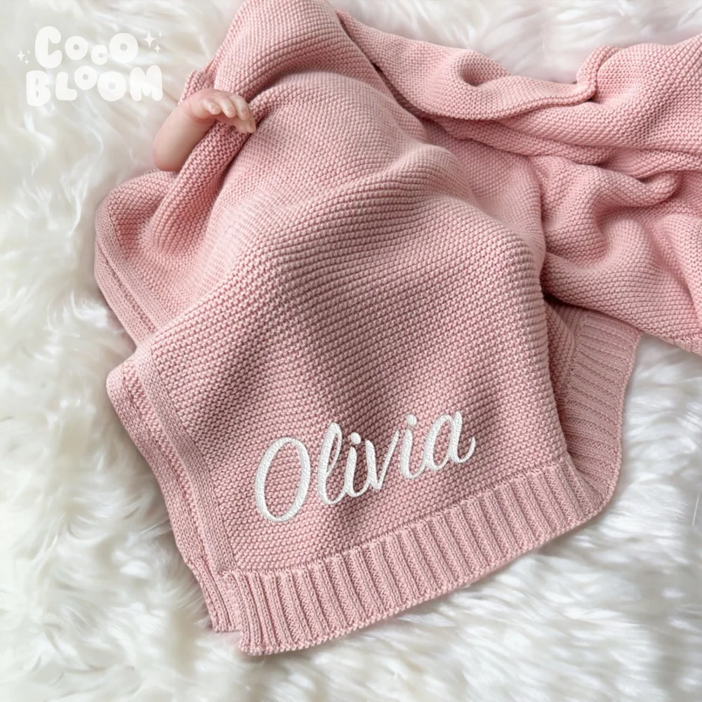 Personalized Embroidered Baby Knit Blanket, Custom Name Soft Knitted Newborn Swaddle Blanket Infant Nursery Baby Shower Gift