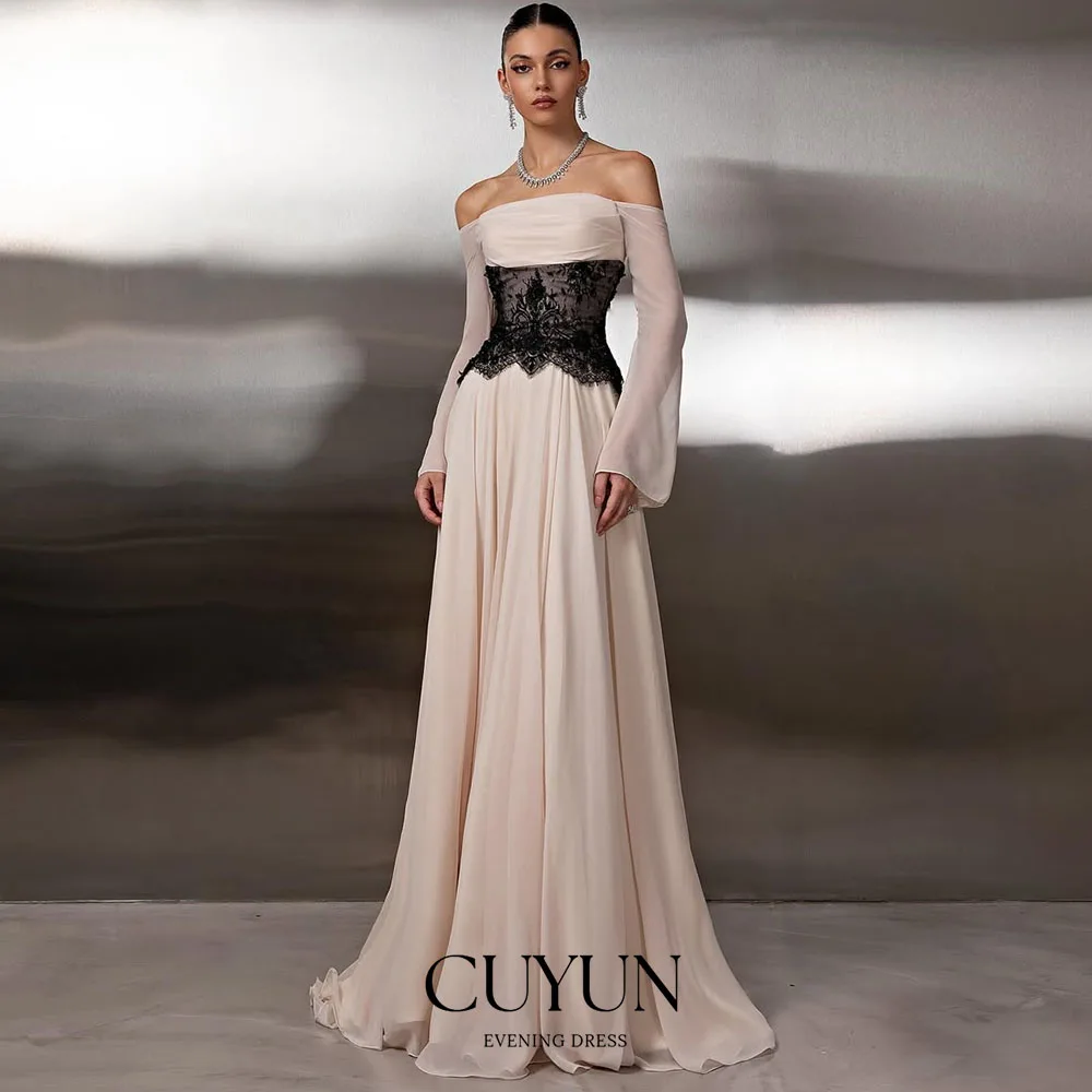 

CUYUN шифоновые и кружевные вечерние платья с вырезом лодочкой, торжественное платье для выпускного вечера по индивидуальному заказу, элегантное вечернее платье с длинными рукавами для свадебного гостя