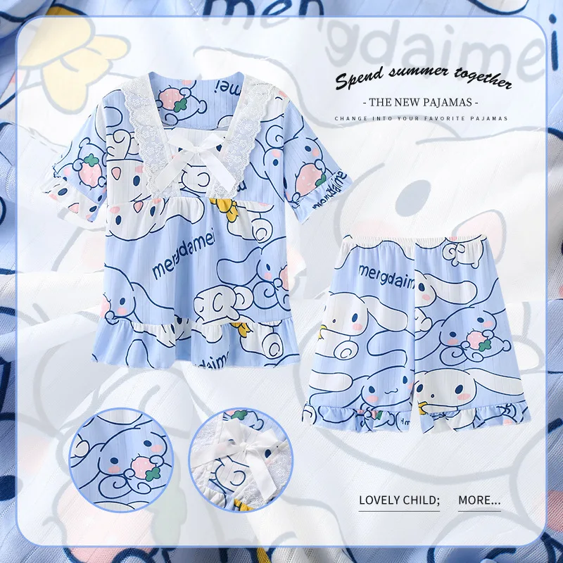 

Sanrio Cinnamoroll Shorts T-Shirt Pajamas Set Children's Summer Clothes Cute Hello Kitty Kuromi Cartoon Short Sleeve Shorts Set