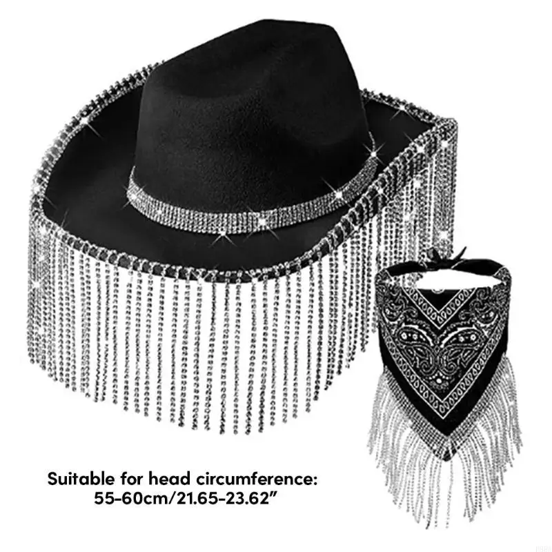 P88A Weatern Cowboy Hat Bandana Set Sequins Women Bandana Tassels Head Scarf Costume