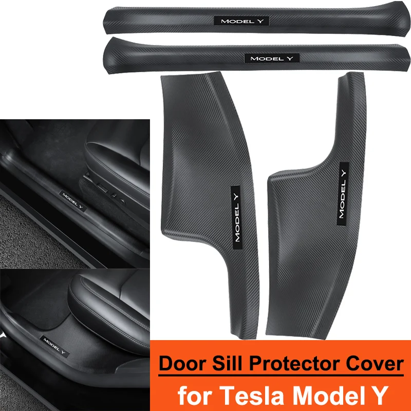 for Tesla Model Y Interior Accessories Front Rear Door Sill Protector Cover Carbon Fiber ABS Anti-Kick Pedal Inner Strip Guards