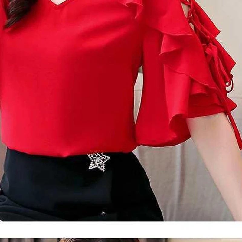 2023 Summer Female Clothing V-neck Red Off Shoulder Hollow Out Tops Women Bandage Ruffles Short Sleeve Fashion Casual T-shirt