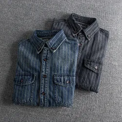 Autumn American Retro Thick Denim Tooling Striped Shirt Men's Fashion Pure Cotton Washed Old Casual Pocket Blouses Thin Jacket