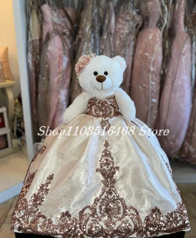 

Personalised Quinceanera Teddy Bear Dress Champagne Sheath Delicate Floral Appliques Special Links