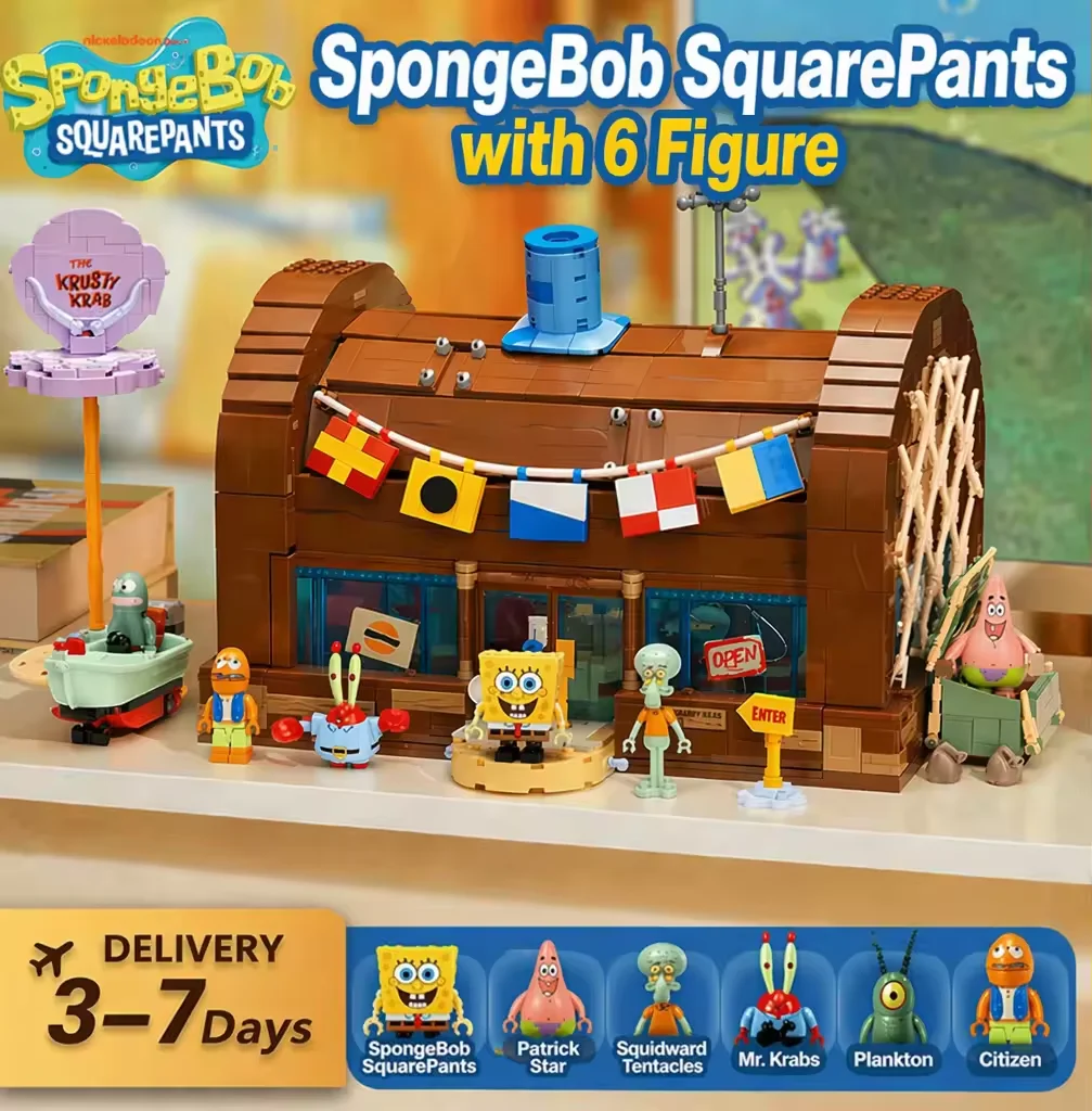 Klemmbausteine SpongeBob Schwammkopf Bausteine Cartoon Kreatives Krusty Krab Restaurant mit 6 Figuren Montagemodell SpongeBob Bausteine Puzzle Kreatives Spielzeug Geschenk