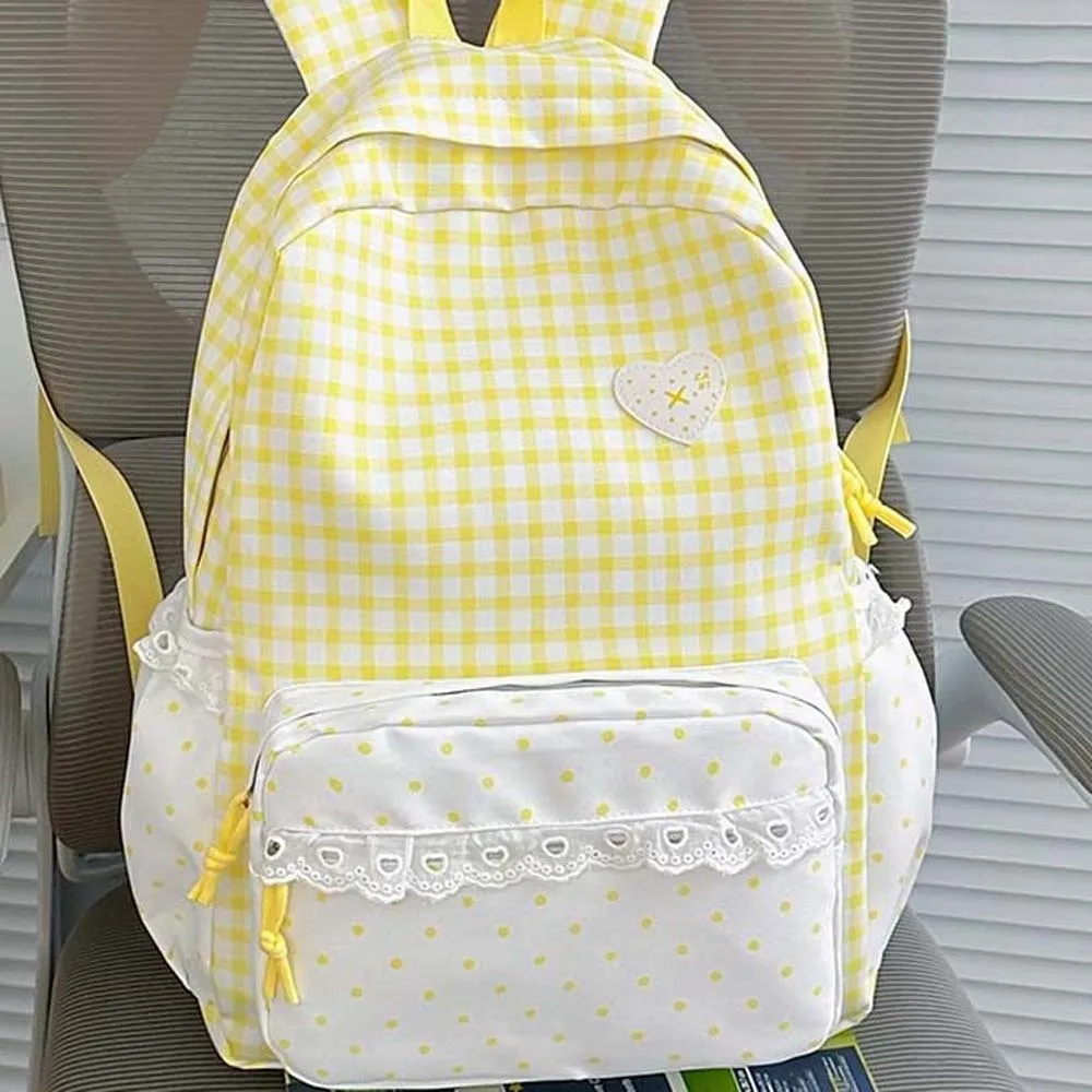 Korean Style Gingham Backpack Pastel Colors Polka Dot Lace Schoolbag Large Capacity Heart Embroidery Plaid Daypack Middle School