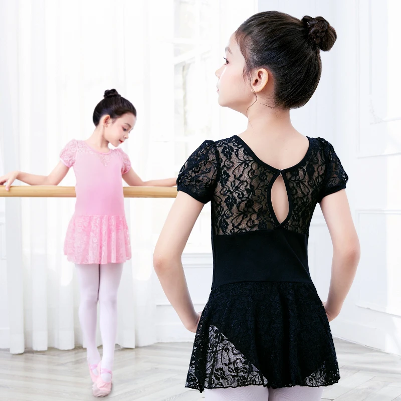 Girls Lace Ballet Leotards Teen Puff Sleeve Ballet Bodysuit Dance Wear Dress Gymnastics Leotards Pink Blue Child Dance Costumes