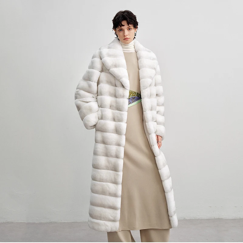 Ftangaiur New Winter Import Rex Rabbit Fur Coat Long Sleeve Women Turn-Down Collar Striped X-Long Natural Rex Rabbit Fur Coats