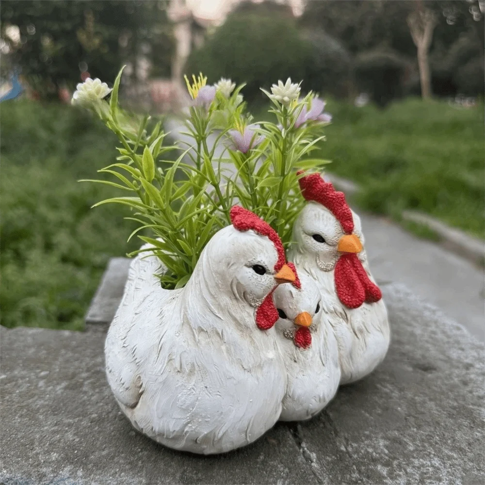 

Handicrafts Decoration Chicken Family Flowerpot Funny Farmhouse Style Garden Statue Resin Yard Ornaments Plant Pot Desk