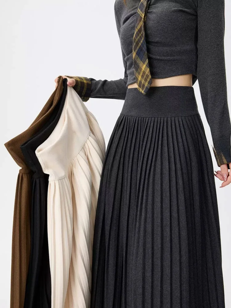 

Gray Woolen Accordion Pleated Long Skirt Women's Autumn Winter High Waist Slim A-Line College Style Half Body Skirt