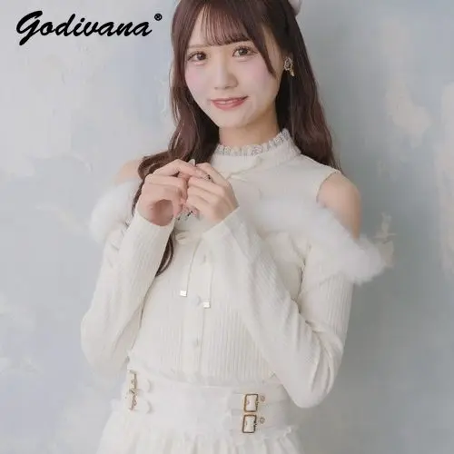 

Японский стиль: пушистый вязаный свитер с пэчворком, открытыми плечами и воротником-стойкой, облегающий, женский, осенне-зимний трикотажный топ