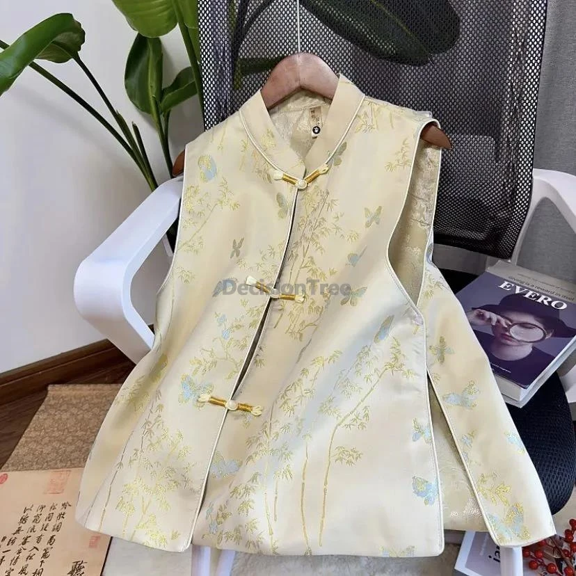 

2021, жаккардовый лоскутный китайский жилет в стиле ретро, элегантный воротник-стойка, пряжка, костюм Тан, жилет, модный повседневный универсальный жилет