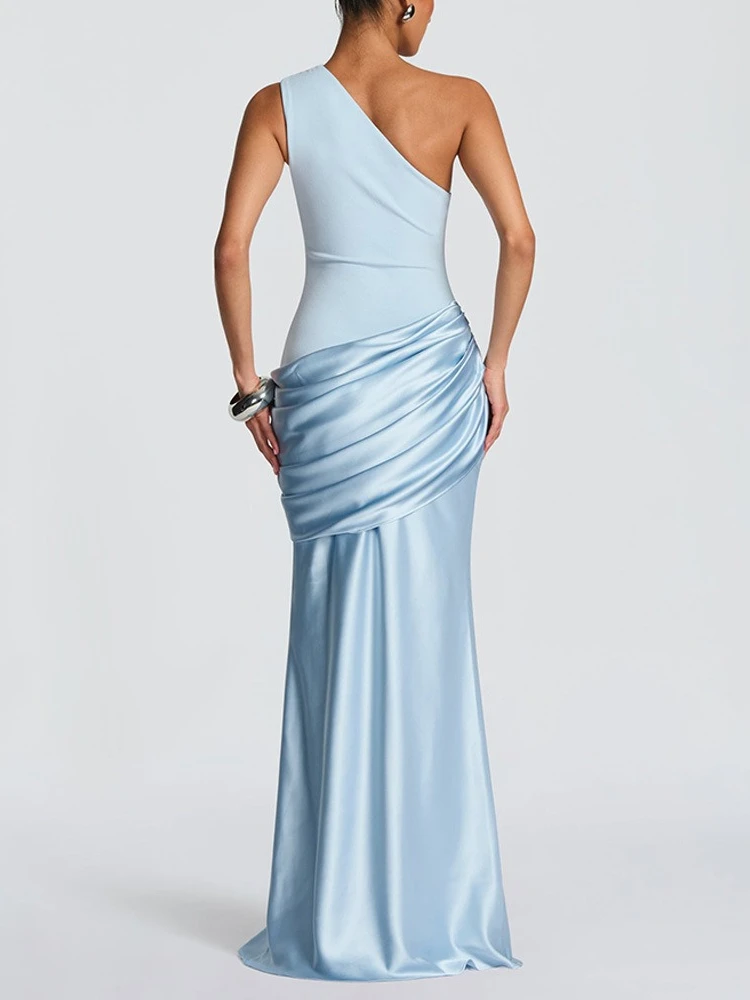 FDYOUI Abito da festa lungo da donna chic con colletto diagonale e monospalla, elegante abito da sera asimmetrico increspato senza maniche