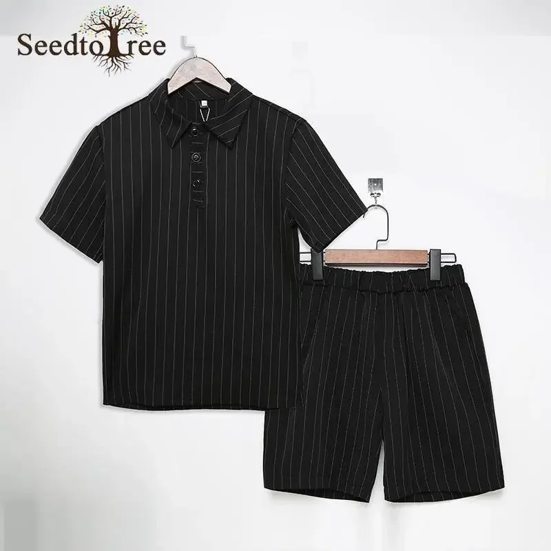Summer Stripe Casual Men\'s Set Turndown Collar Short Sleeved T-shirt Elastic Waist Shorts Two Piece Suit